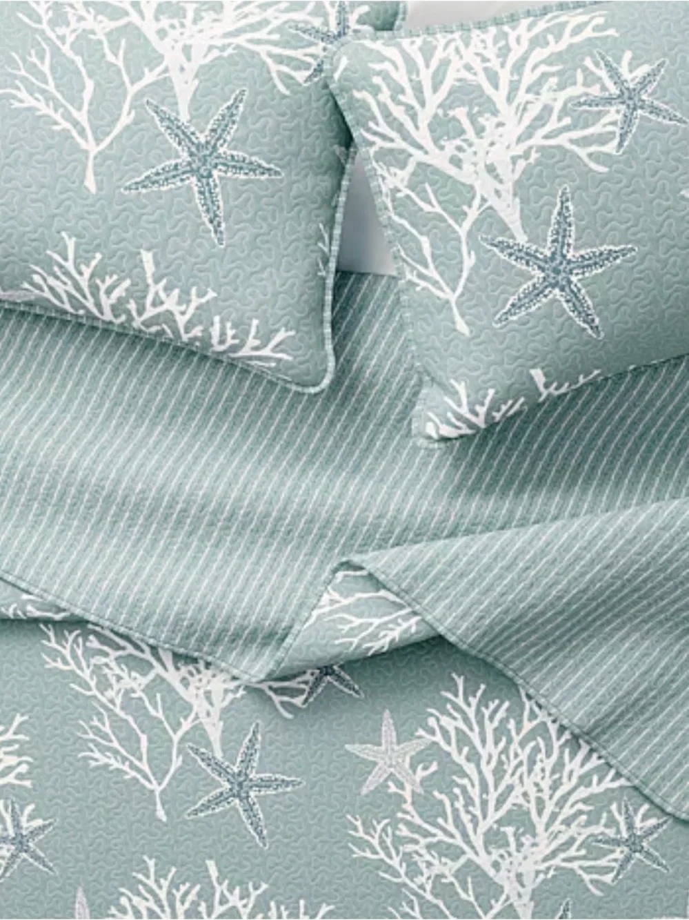 Linery King Coral Starfish Reversible Quilt Set Ether Blue 3 Piece New